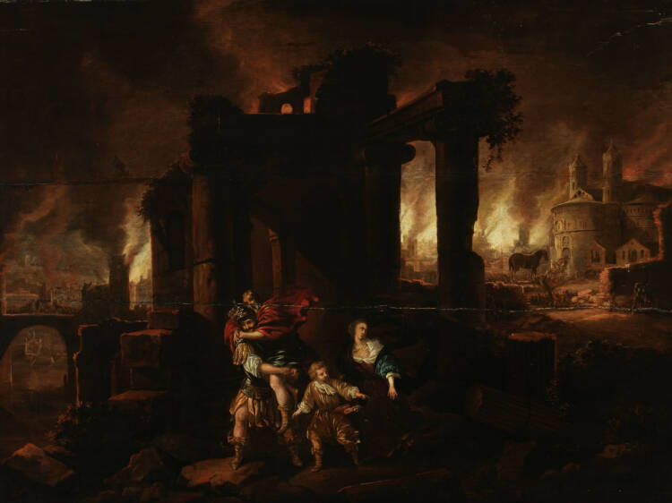 Tummasävyinen maalaus, jossa etualalla perhe pakenemassa paloa, taustalla raunioita, liekkejä ja hevonen. Todennäköisesti Claes Jansz. van der Willigenin teos Troijan palo (1630). Kuva: Kansallisgalleria.