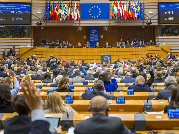 Euroopan parlamentin edustajia koolla Brysselissä huhtikuussa 2024. Salissa on äänestys meneillään, minkä takia osa kuvan henkilöistä viittaa.