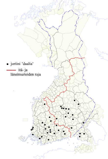 Joriini-sanan levikkikartta. Sana tunnetaan etupäässä lounais-, hämäläis-, kaakkois- ja savolaismurteiden alueella.