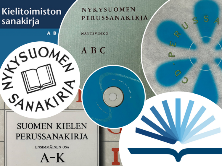 Kuvakollaasi, jossa on Nykysuomen sanakirjan logo, Nykysuomen perussanakirjan näytevihkon kansi, Suomen kielen perussanakirjan kansi, CD-Perussanakirjan kansi, Kielitoimiston sanakirjan cd-rom sekä Kielitoimiston sanakirjan banneri ja logo.