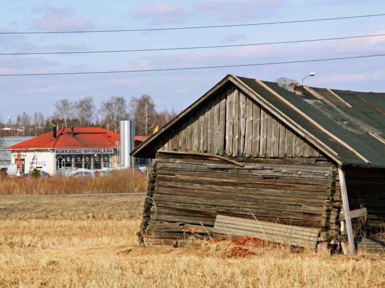 Etualalla vanha, vinossa oleva lato ja peltoa, taustalla uudempi talo, jossa kukkamyymälä.