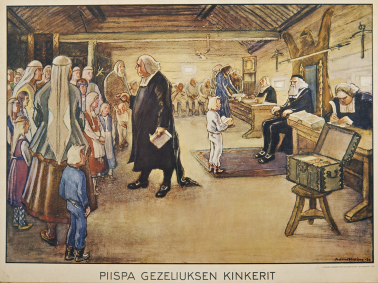 Suomen historiallinen kuvasto -sarjan opetustaulu "Piispa Gezeliuksen kinkerit". Iso tupa, jossa pappi pitää kinkereitä. Piispa istuu kunniapaikalla taaempana.