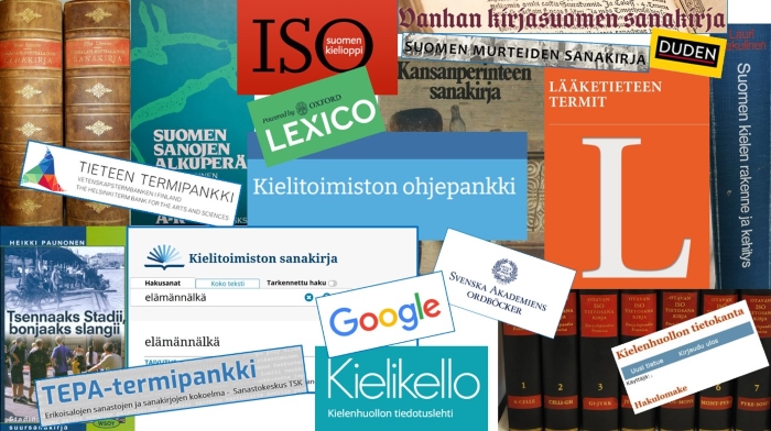 Kielineuvonnassa käytettäviä lähteitä, esimerkiksi Iso suomen kielioppi, Kielikello, Kielitoimiston ohjepankki ja erilaisia sanakirjoja.