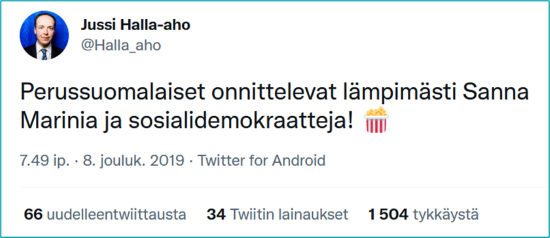 Jussi Halla-ahon tviitti 8.12.2019: 