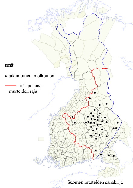 Levikkikartta emä-sanasta merkityksessä ’aikamoinen, melkoinen’ (Savo, Kaakkois-Suomi, Pohjois-Karjala, Kainuu).