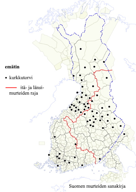 Levikkikartta emätin-sanasta merkityksessä ’kurkkutorvi’ (Pohjanmaa, Pohjois-Karjala, Pohjois-Savo, Kainuu, Peräpohjola).
