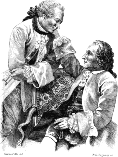 Kaksi henkilöä 1700-luvun asuissa keskustelemassa. Toinen miehistä istuu koristeellisessa tuolissa ja kurottaa kädellään seisovan miehen kasvoja.