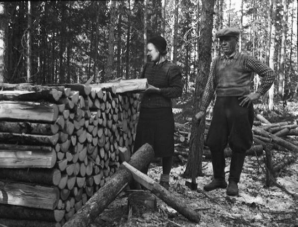 Mustavalkoinen kuva, jossa kaksi henkilöä metsässä mottitalkoissa. Nainen pinoaa halkoja ja mies seisoo kirves kädessään vieressä.