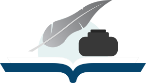 Suomen etymologisen sanakirjan logo, jossa on avonaisen kirjan päällä mustepurkki ja sulkakynä.