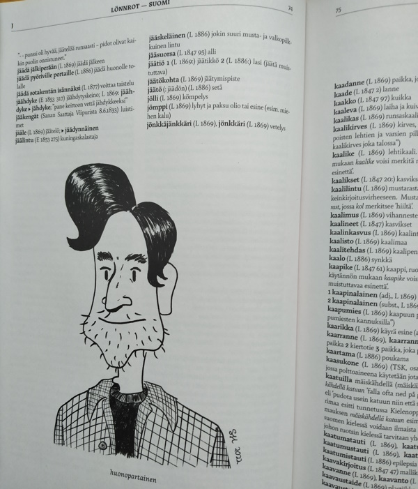 Sanakirjassa on myös humoristisia piirroskuvia, jotka liittyvät johonkin hakusanaan. 