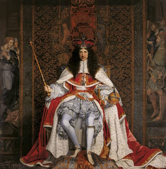 1600-luvun asuun puettu kuningas istuu valtaistuimella kruunu päässään, valtikka toisessa kädessä ja valtakunnanomena toisessa. Taustalla on koristeellinen kangas ja sen takana maalauksen molemmissa reunoissa kauempaa kuvattuna muutamia alamaisia.