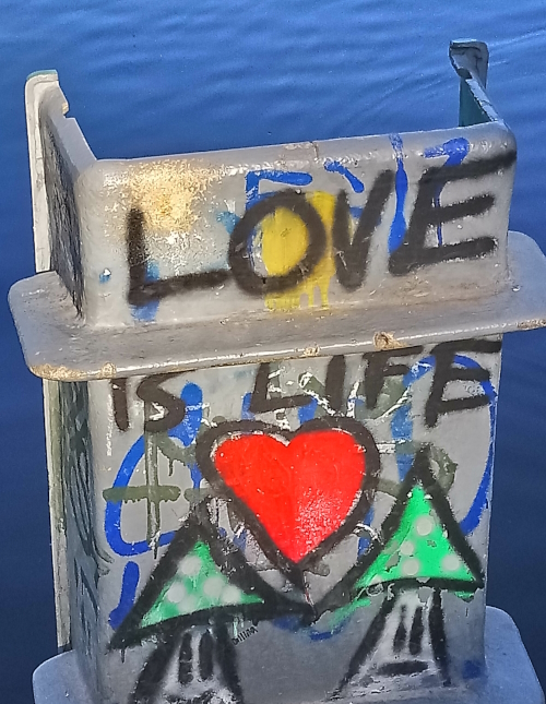 Vanha, hajonnut sähkökaappi veden äärellä. Kaapin kylkeen on kirjoitettu ”Love is life”.